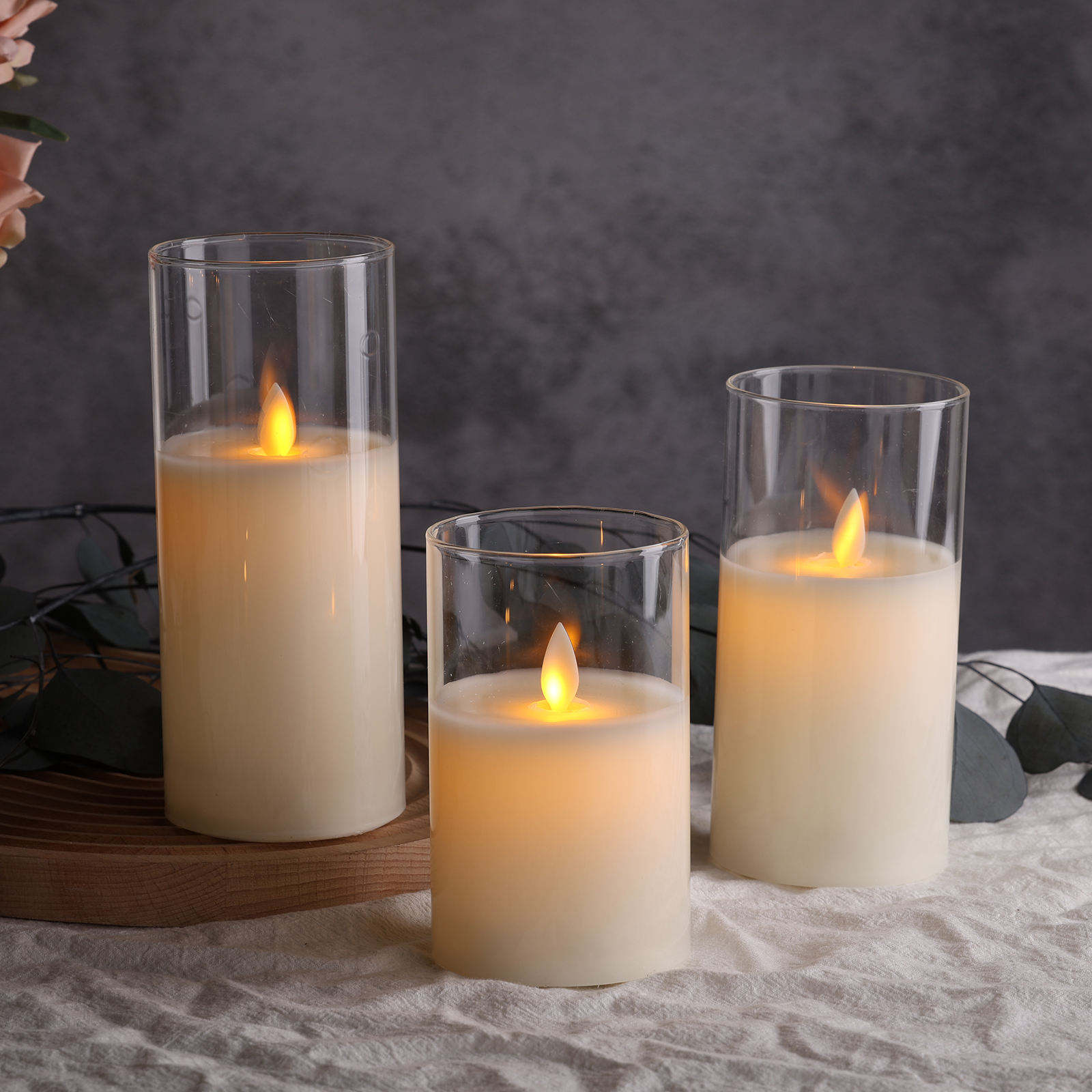 3er Set Klarglas LED Säulenkerzen mit Fernbedienung 3