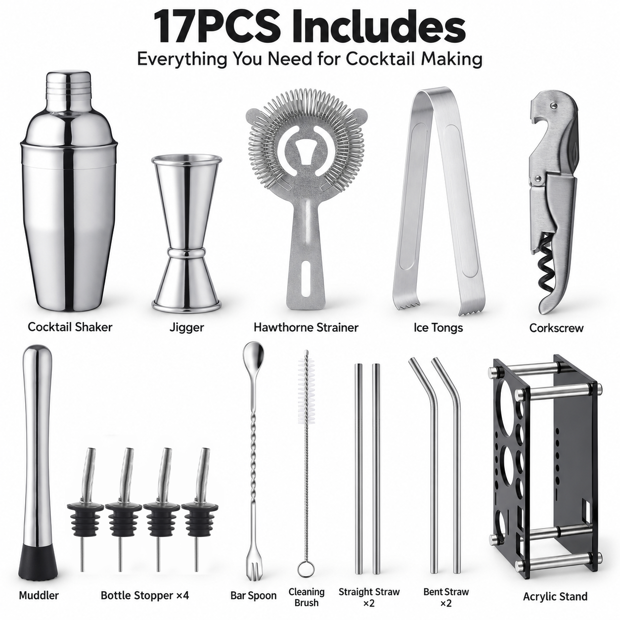 Cocktail-Shaker-Set 700ml Edelstahl mit Ständer 2