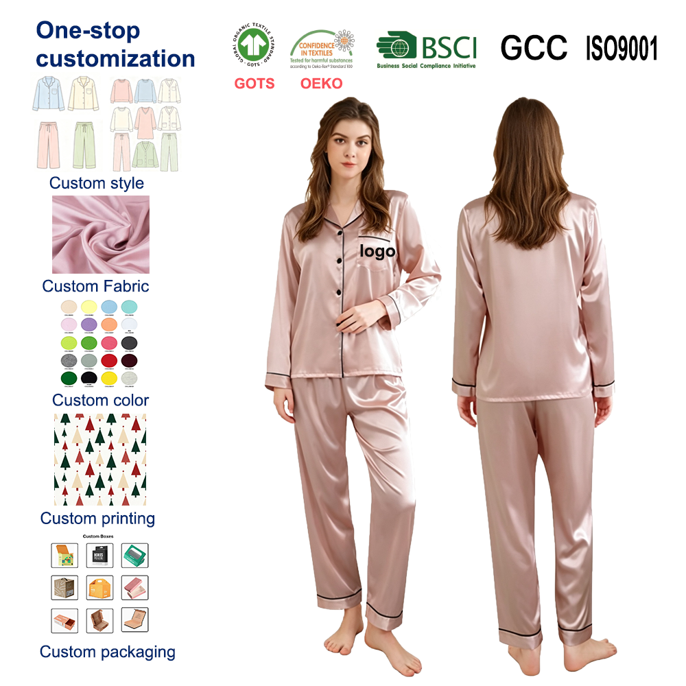 Knopfleiste Satin-Damenschlafanzug mit langer Hose