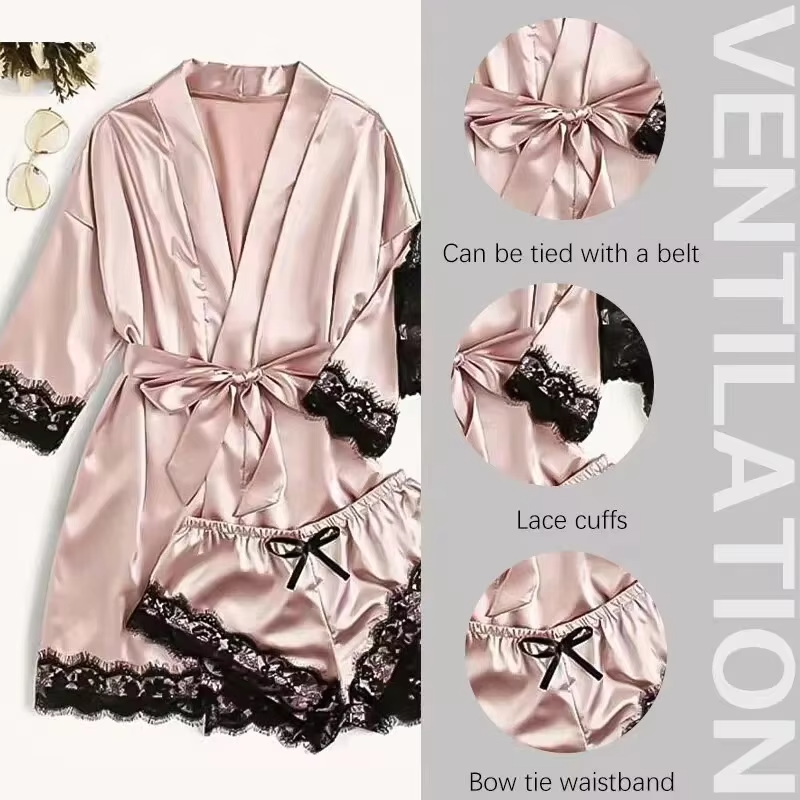 Sommerliches Spitzen-Satin-Dessous-Set, 4-teilig 4