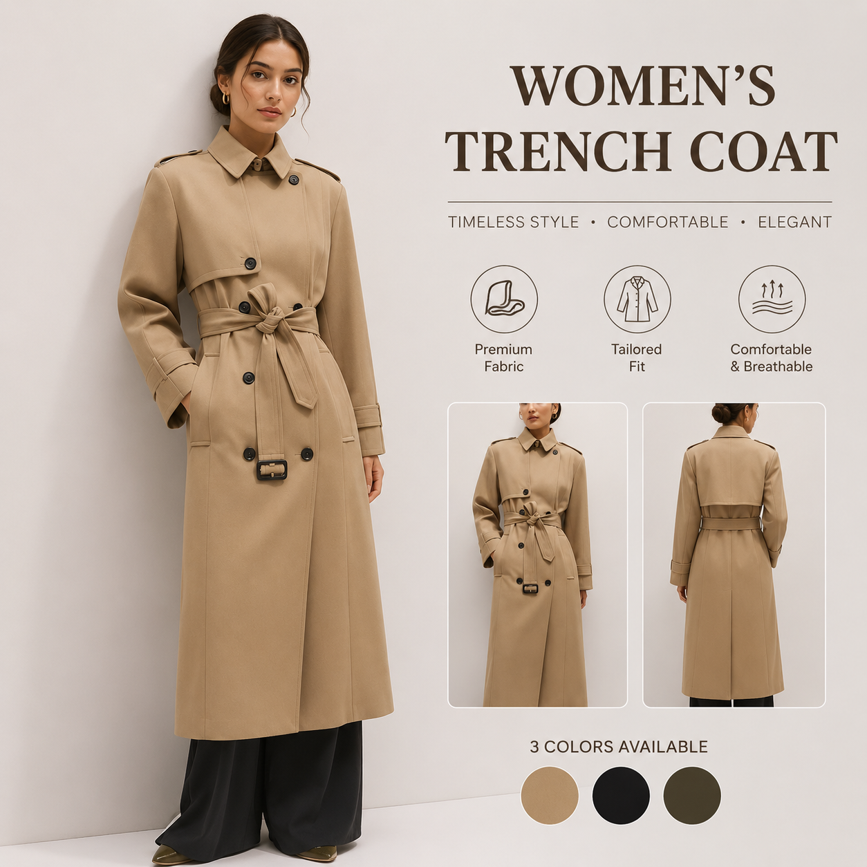 Klassischer Khaki Trenchcoat Damen Lang