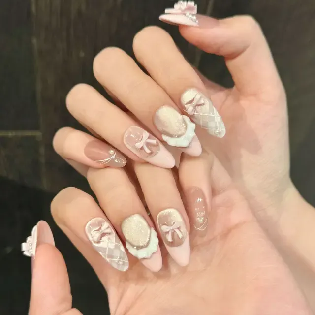 Cat-Eye Press-on-Nägel mit rosa Schleifendekor 2