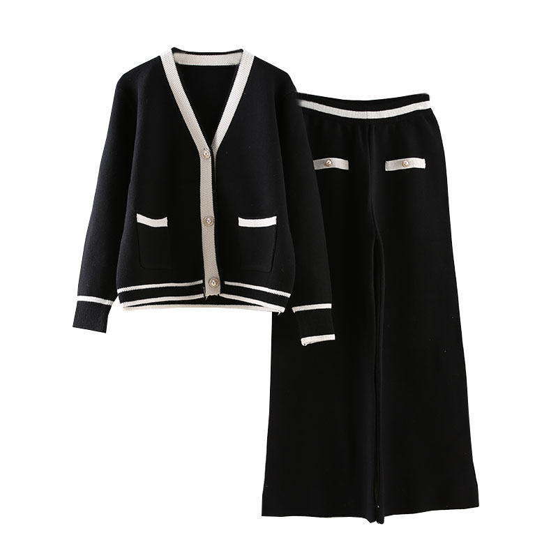 Damen-Zweiteiler mit Weitem Hosen und Strickpullover