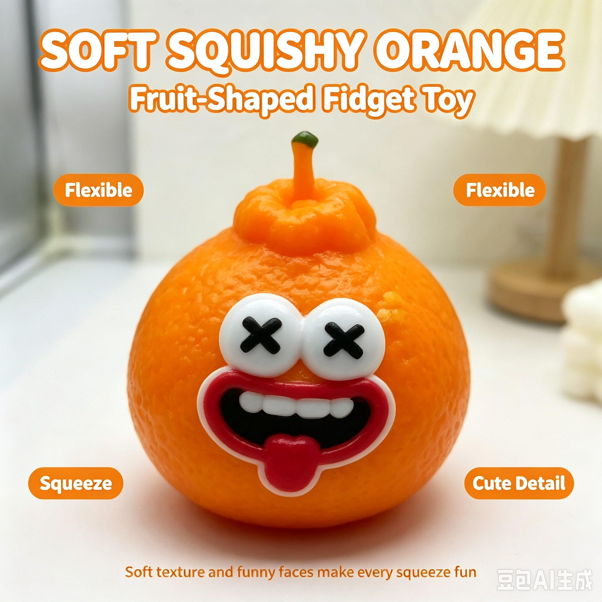 Orangefarbenes Squishy-Fruchtspielzeug mit Mimik 4