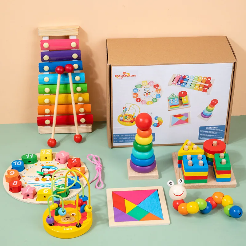 Holz-Montessori-Steckbrett mit Xylophon und Bausteinen 2