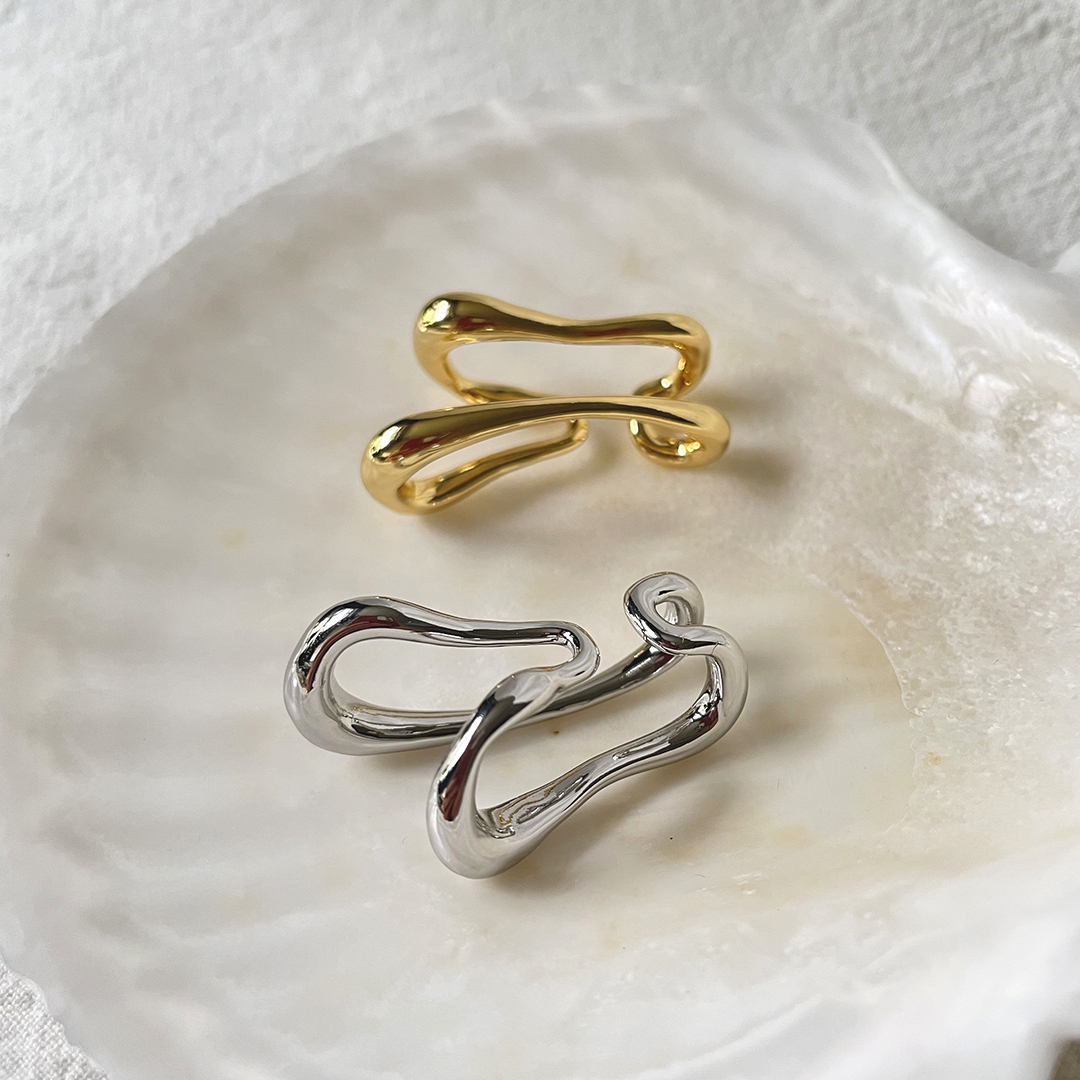 Doppelreihige Ohrklemmen Asymmetrisch Gold Ohne Piercing