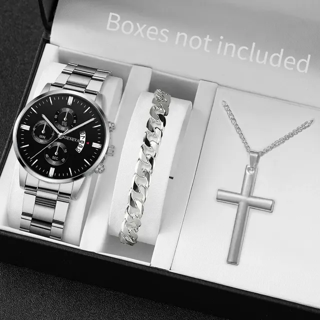 Herren Edelstahl Armbanduhr Set mit Kalender 2