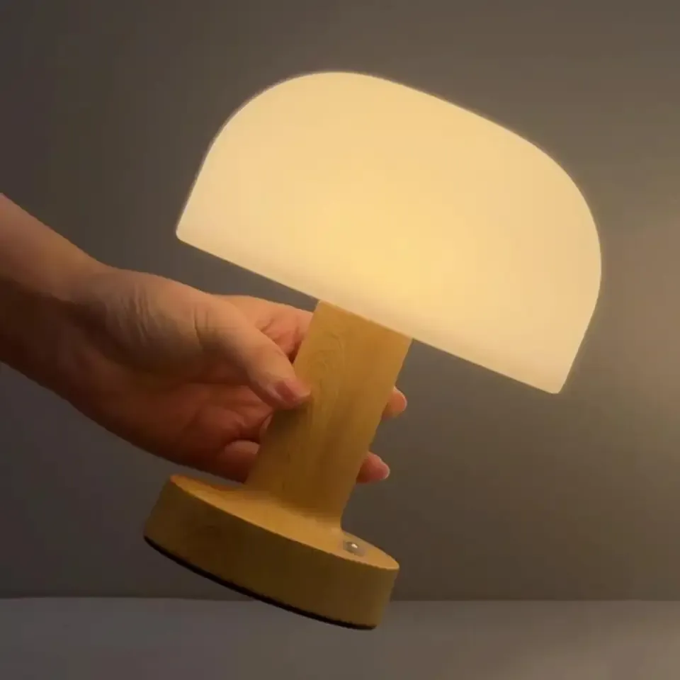 Holzfuß Pilztischlampe mit Touchsteuerung 3