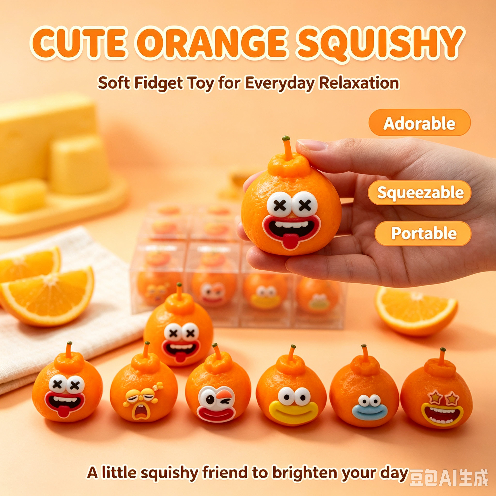 Orangefarbenes Squishy-Fruchtspielzeug mit Mimik 3