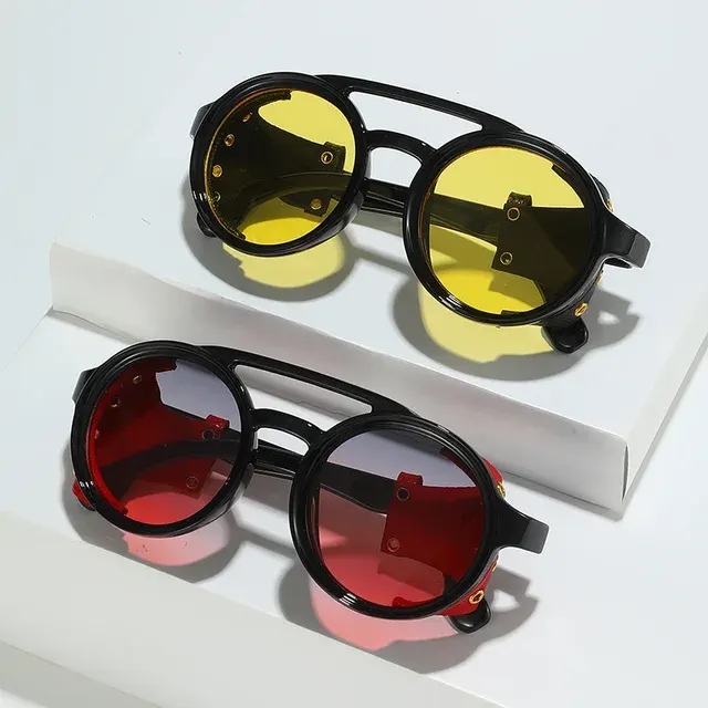 Retro Leder-Sonnenbrille mit runder Form 2
