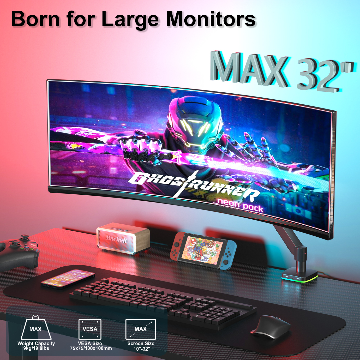 Monitorarm mit USB-Hub und Kopfhörerhalter 3