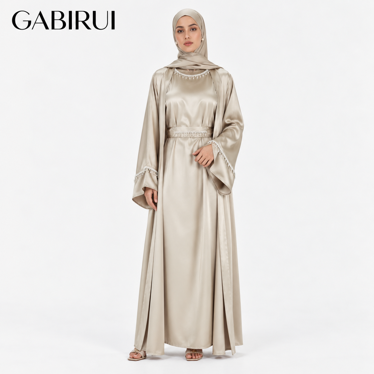 Sechsteiliges Satin-Abaya-Set mit Quastengürtel 3