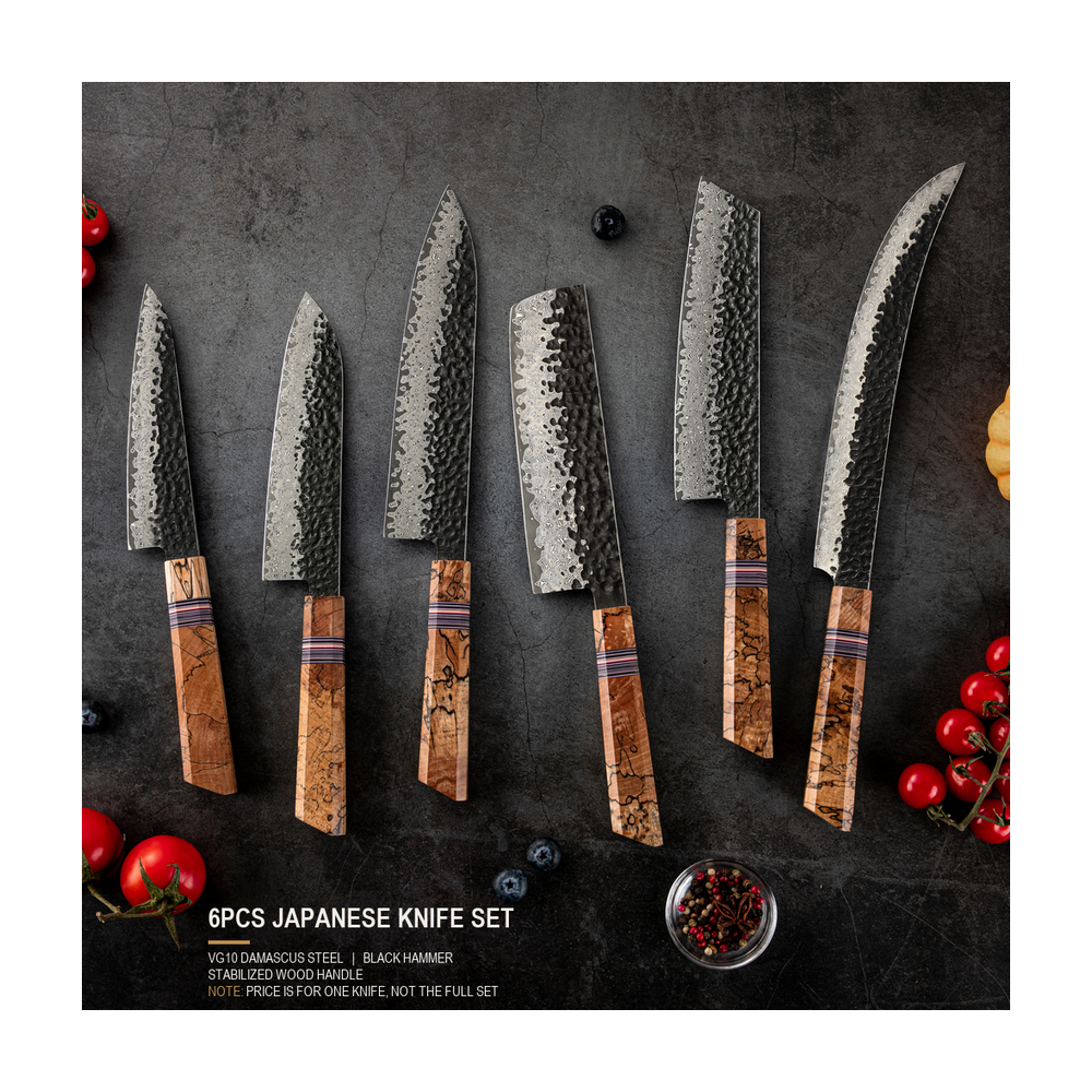 6-teiliges Damast-Kochmesser-Set mit Holzgriff