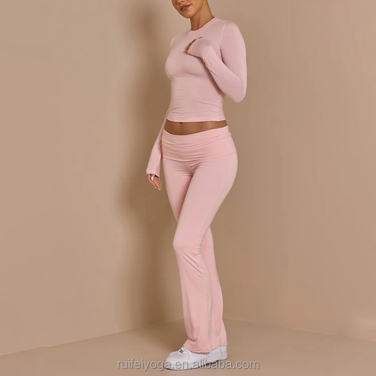 Pinke Doppellagige Yogahose mit Umschlagbund