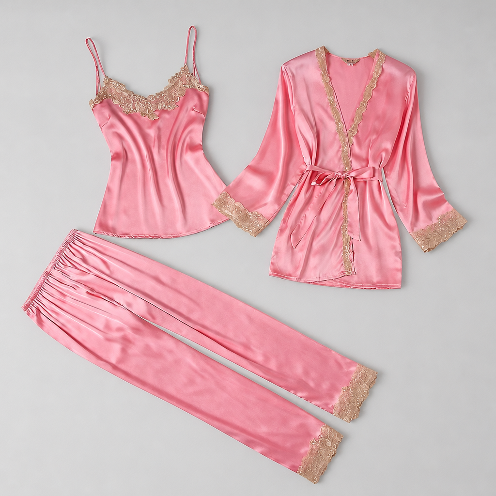 Damen Satin Pyjama 3-teilig mit Spitze