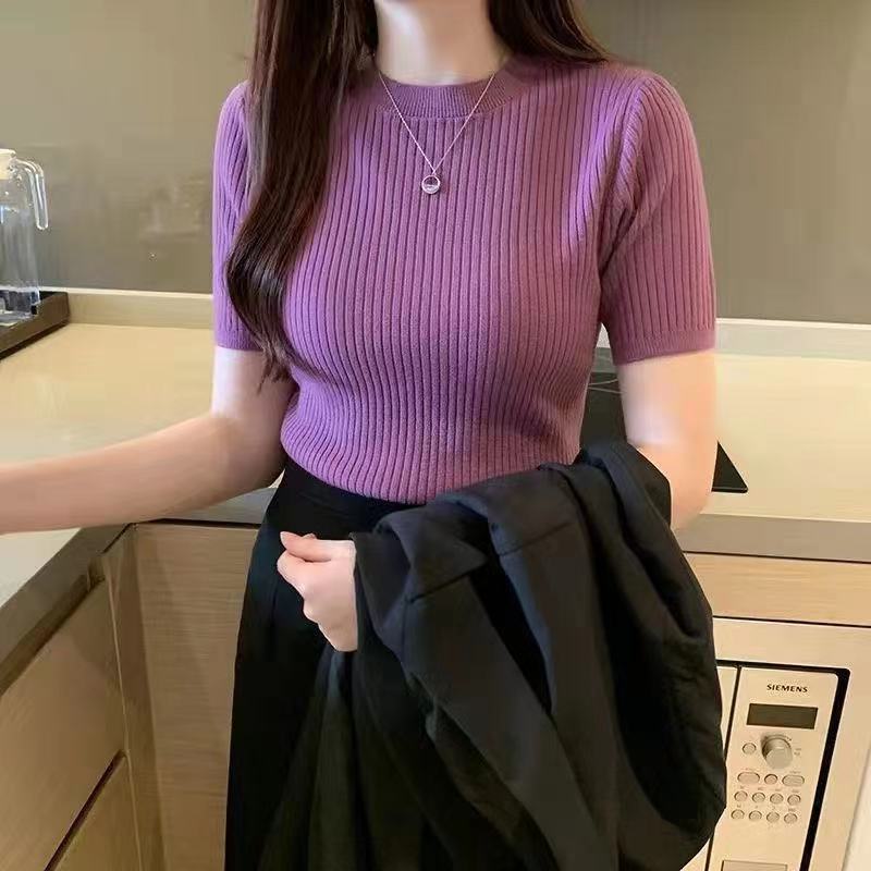 Damen Kurzarmpullover Gestrickt Schmal