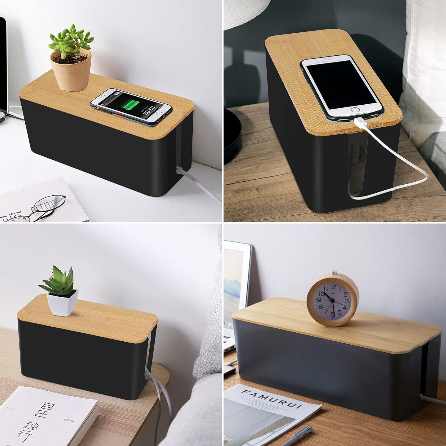 Schwarze Kabelbox mit Bambusdeckel 4