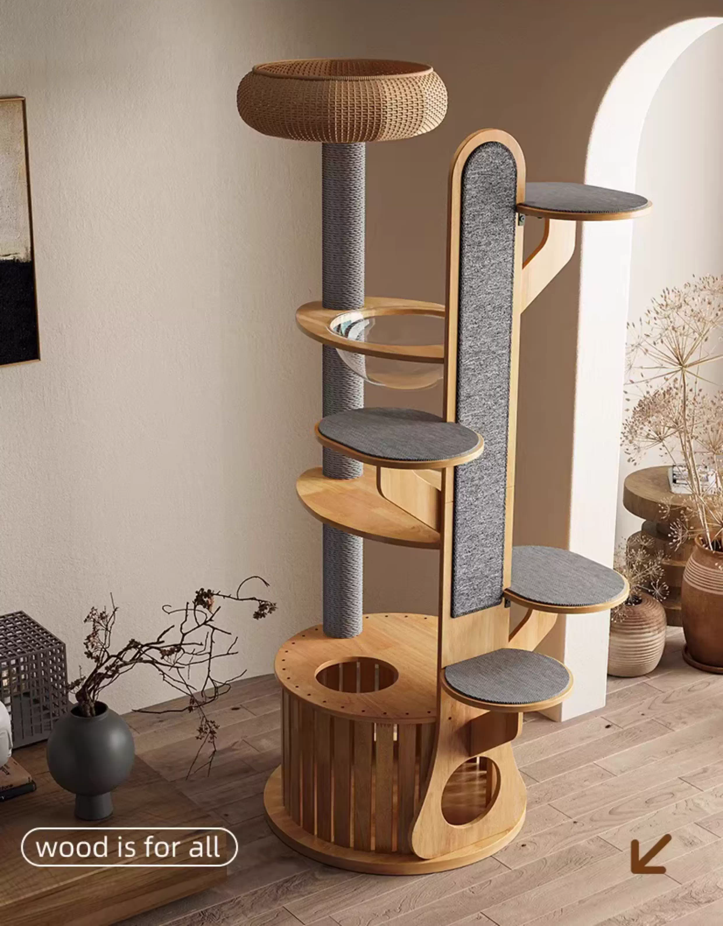 Mehrstufiger Massivholz-Kratzturm mit Sisalpfosten 4
