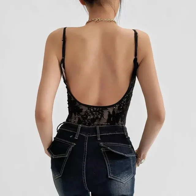 Durchsichtiger Spitzen-Bodysuit mit Rückenfrei-Träger 4