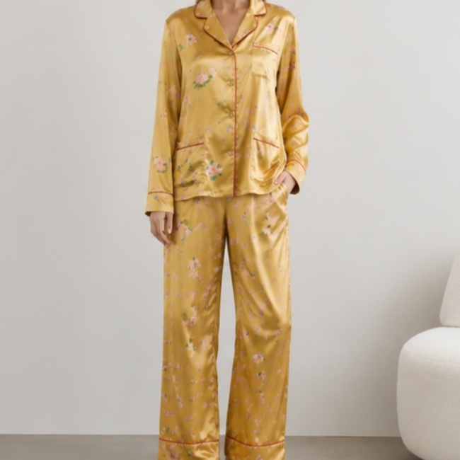Langarm-Damenpyjama aus Seidensatin mit Print