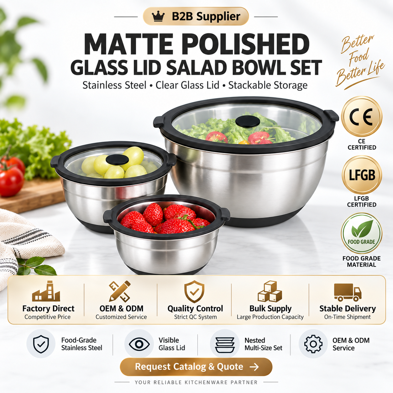 Edelstahl-Salatschüssel mit Glasdeckel