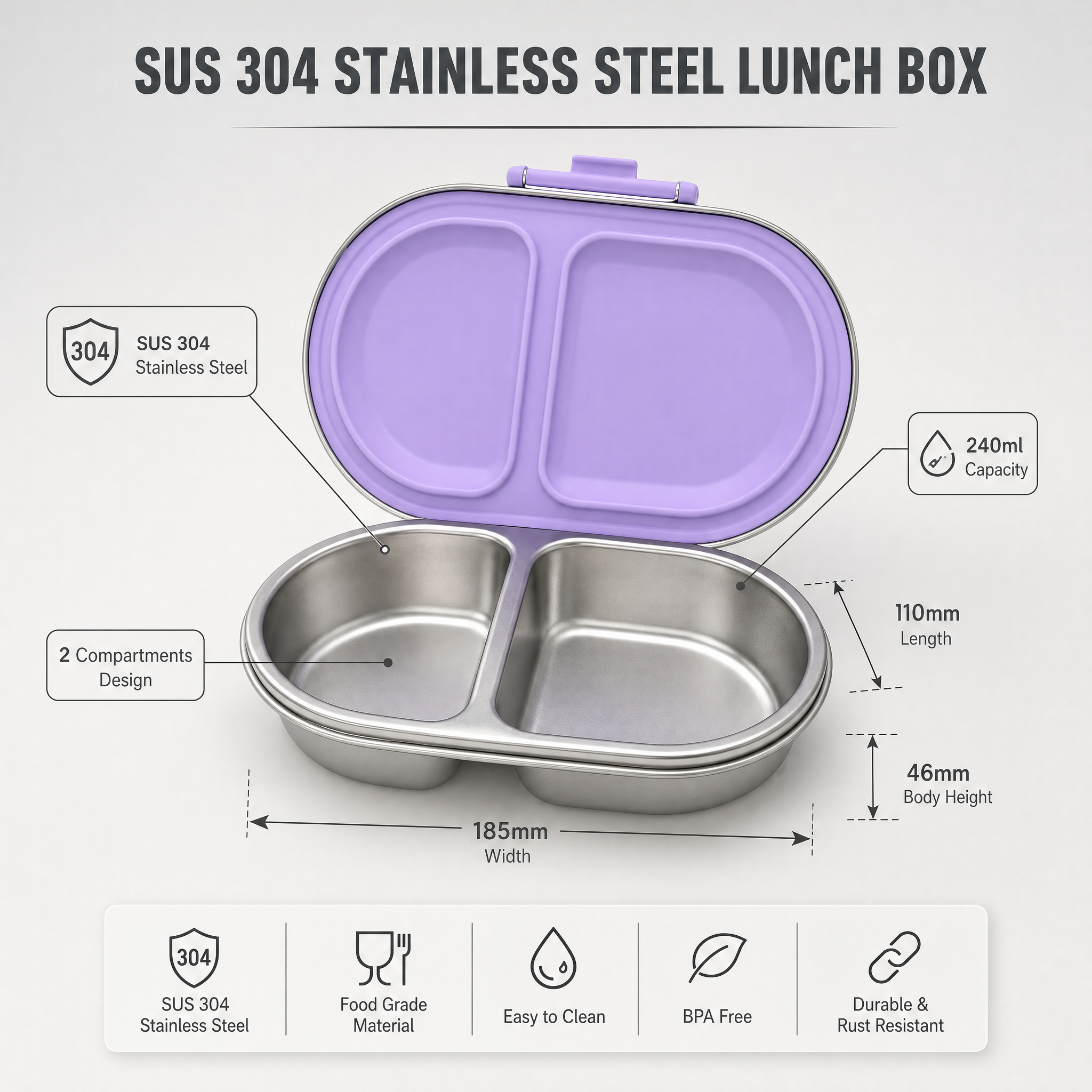 Auslaufsichere Edelstahl-Bento-Box mit 2 Fächern 3