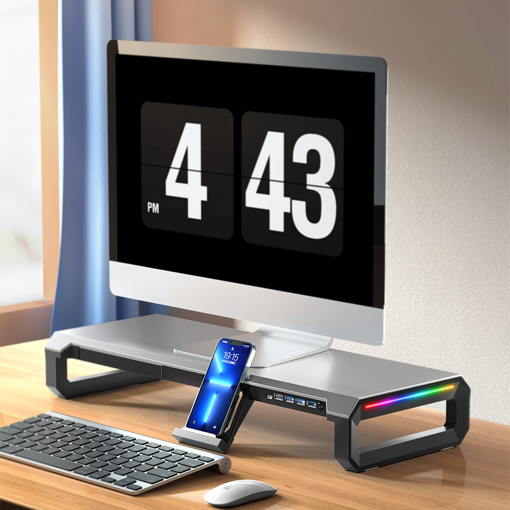 Aluminium-Monitorständer 4 USB-Anschlüsse Stauraum 2