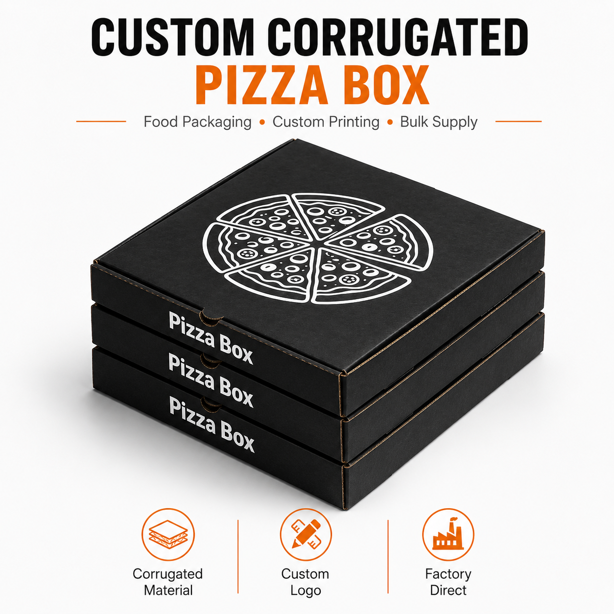 Schwarze Wellpappe-Pizzakartons, 6–18 Zoll
