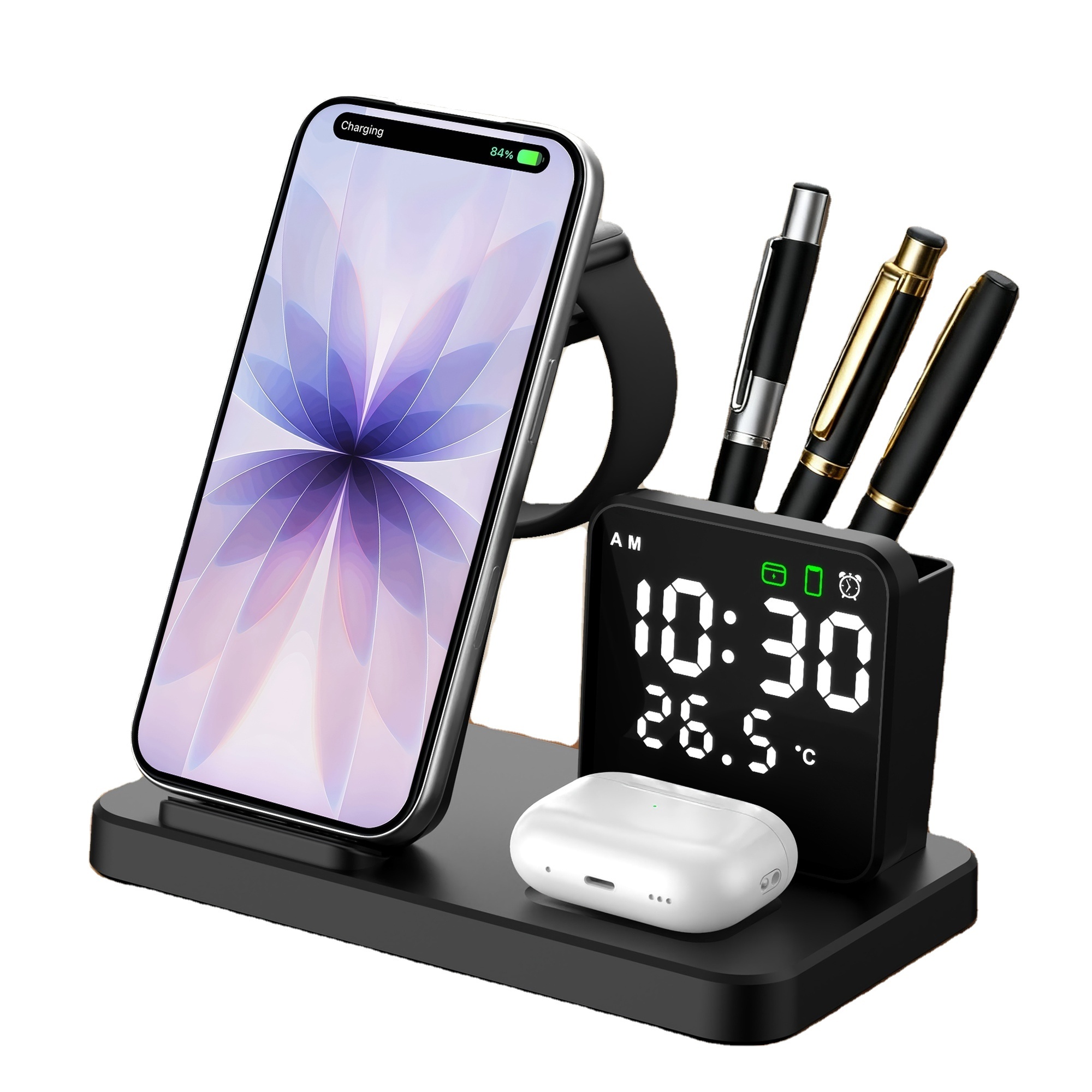 3-in-1 Ladestation mit Wecker und Stifthalter