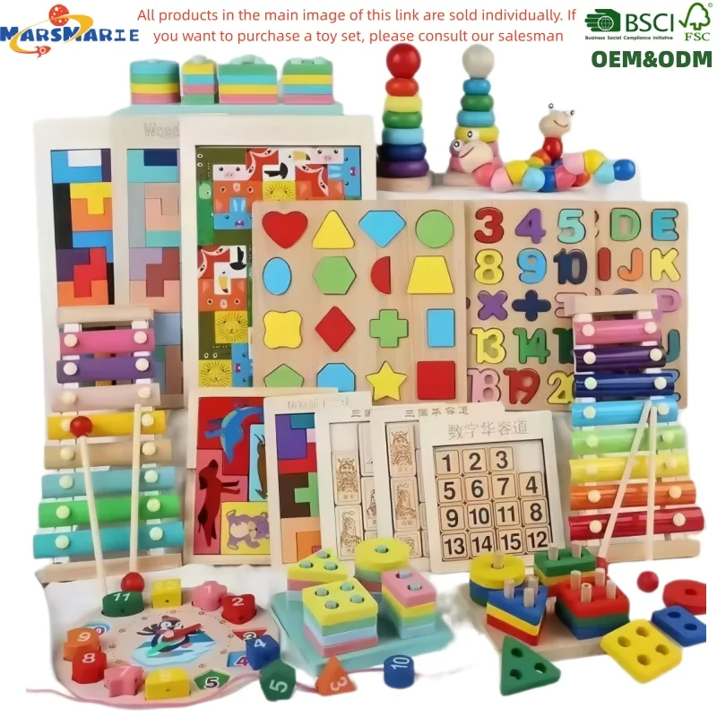 Holz-Montessori-Steckbrett mit Xylophon und Bausteinen