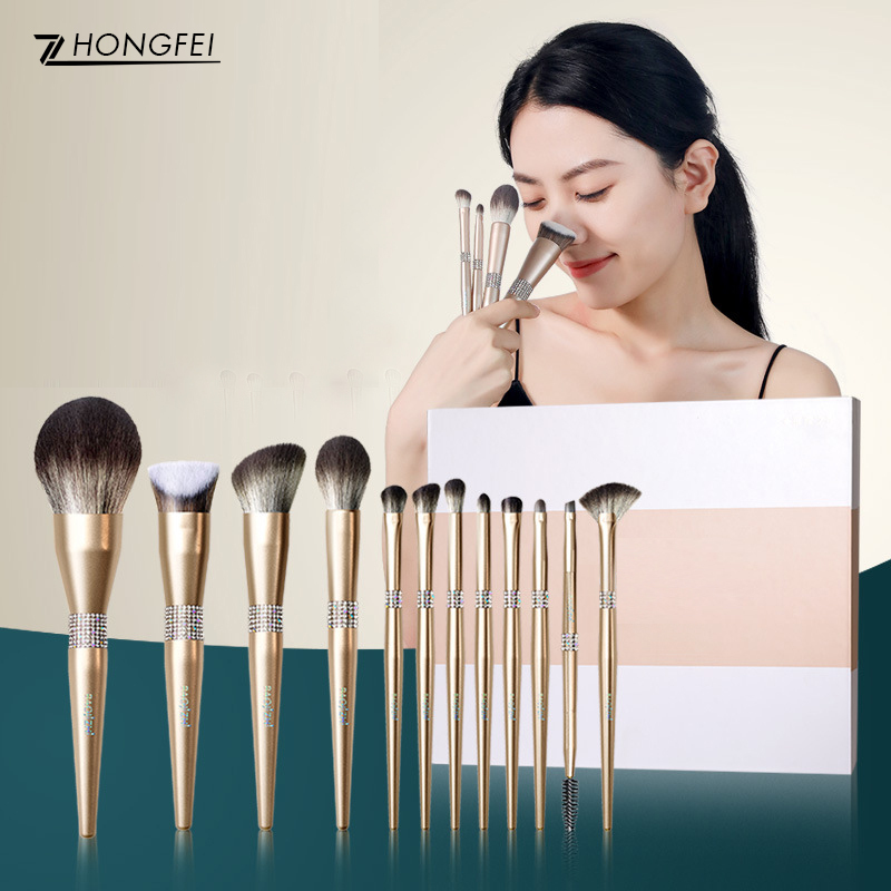 12-teiliges Champagner-Gold Make-up-Pinselset mit Kristall 2