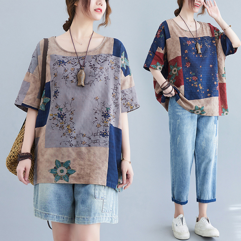 Kurzarm-T-Shirt im ethnischen Stil mit Rundhals
