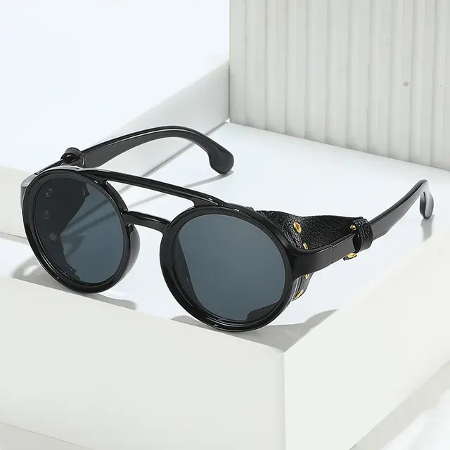 Retro Leder-Sonnenbrille mit runder Form 3