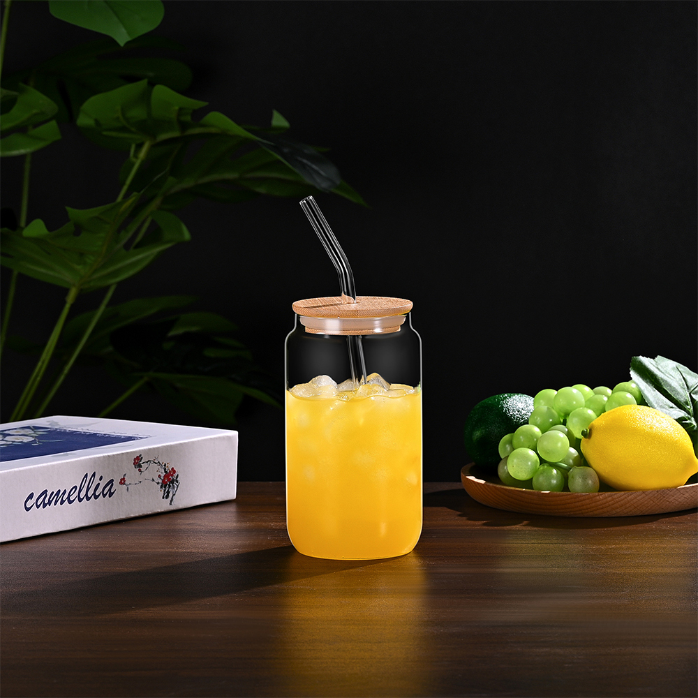 Dosenförmige Borosilikat-Trinkflasche mit Bambusdeckel 2