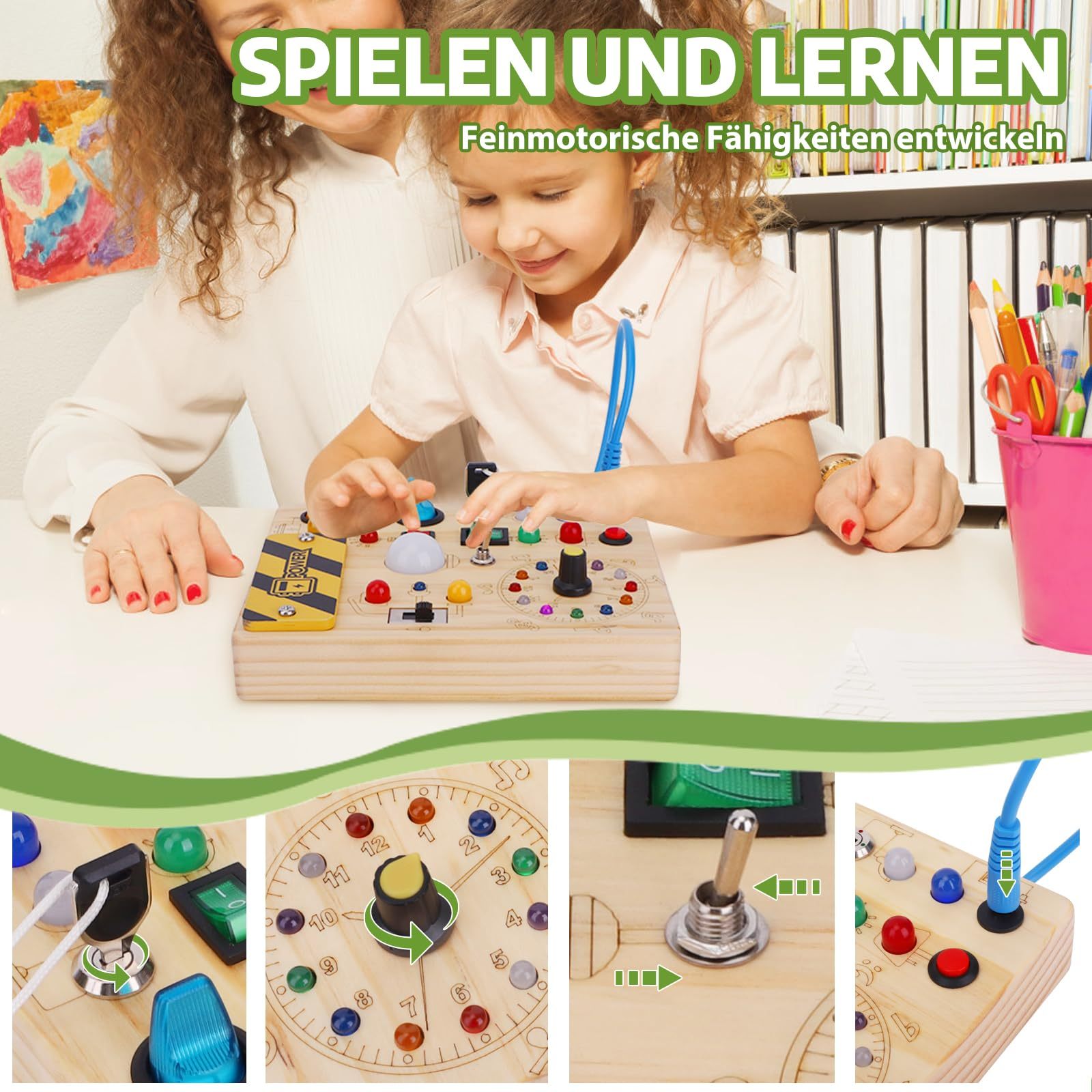 Montessori Holz Busy Board mit LED-Schalter 3