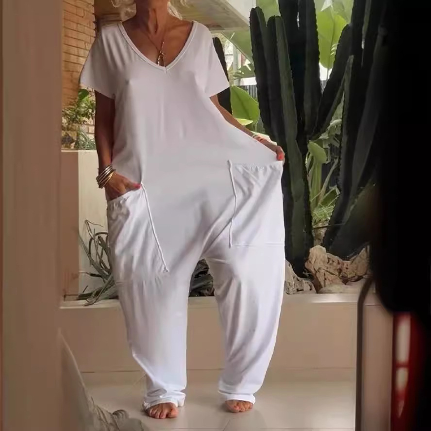 Damen Jumpsuit Dreieck-V-Ausschnitt mit Taschen
