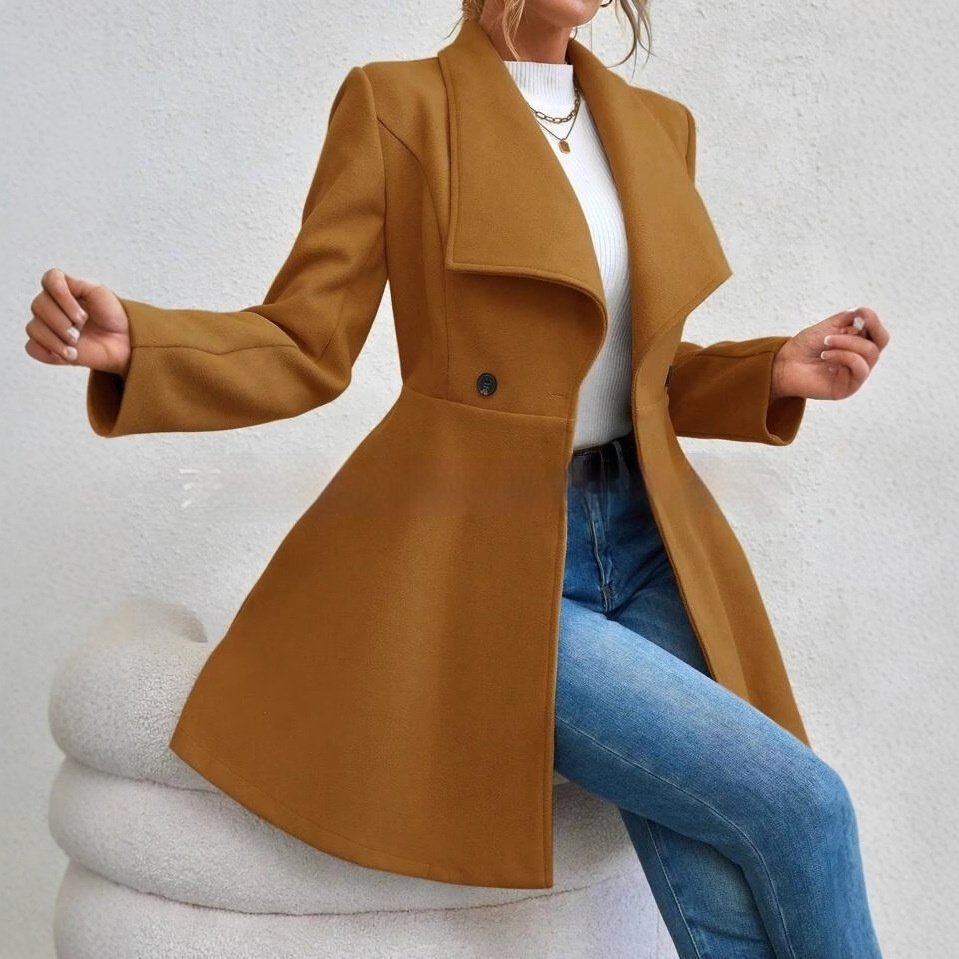Damen Slim Fit Langer Revers Mantel