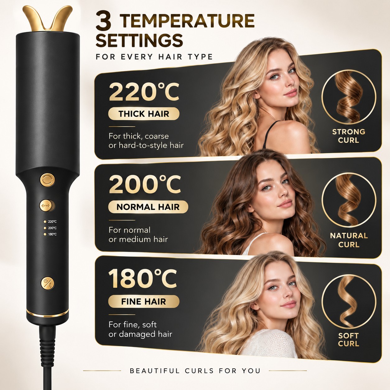 Automatischer Lockenstab 1 Zoll, Schwarz-Gold 3