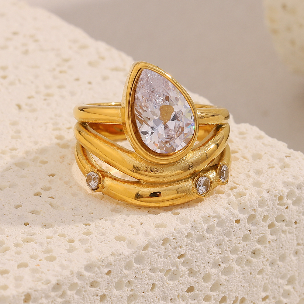 Wassertropfen-Siegelring mit Zirkonia, 18K vergoldet