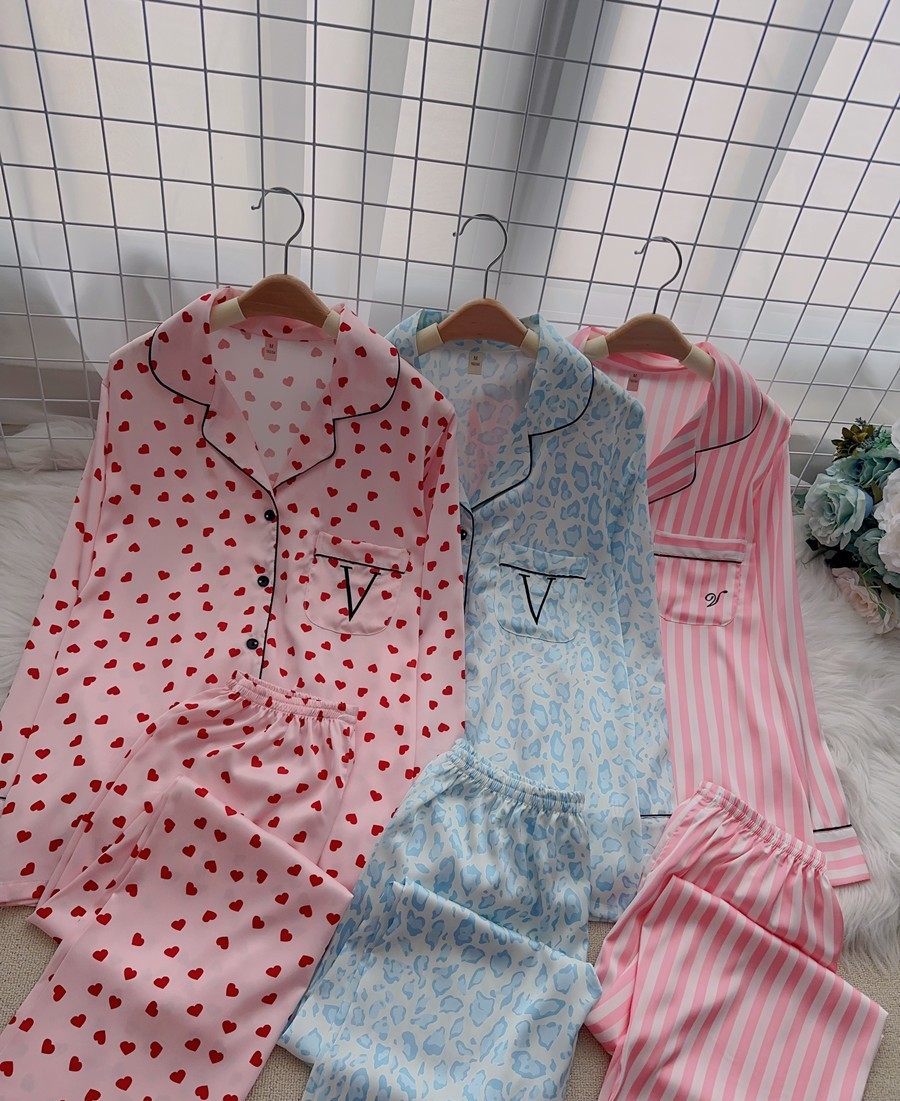 Damen Langarm Seiden-Satin Pyjama-Set