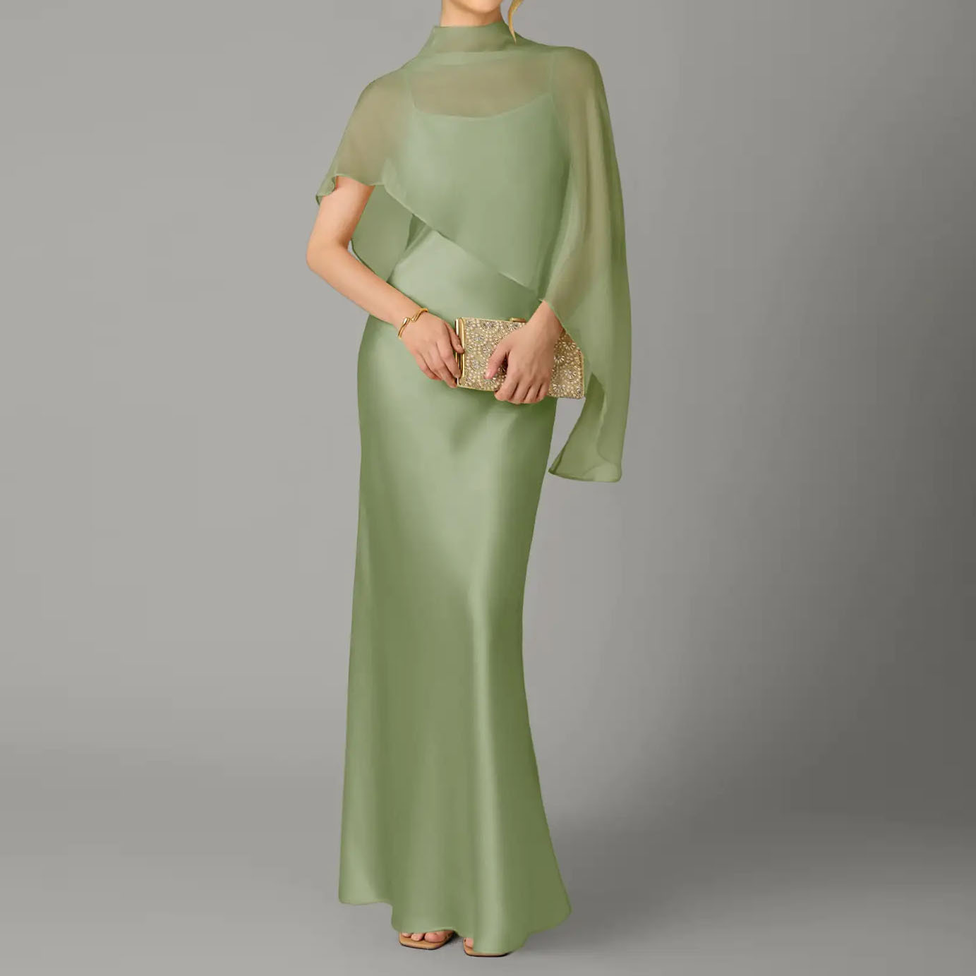 Salbeigrünes Chiffon-Abendkleid mit Cape