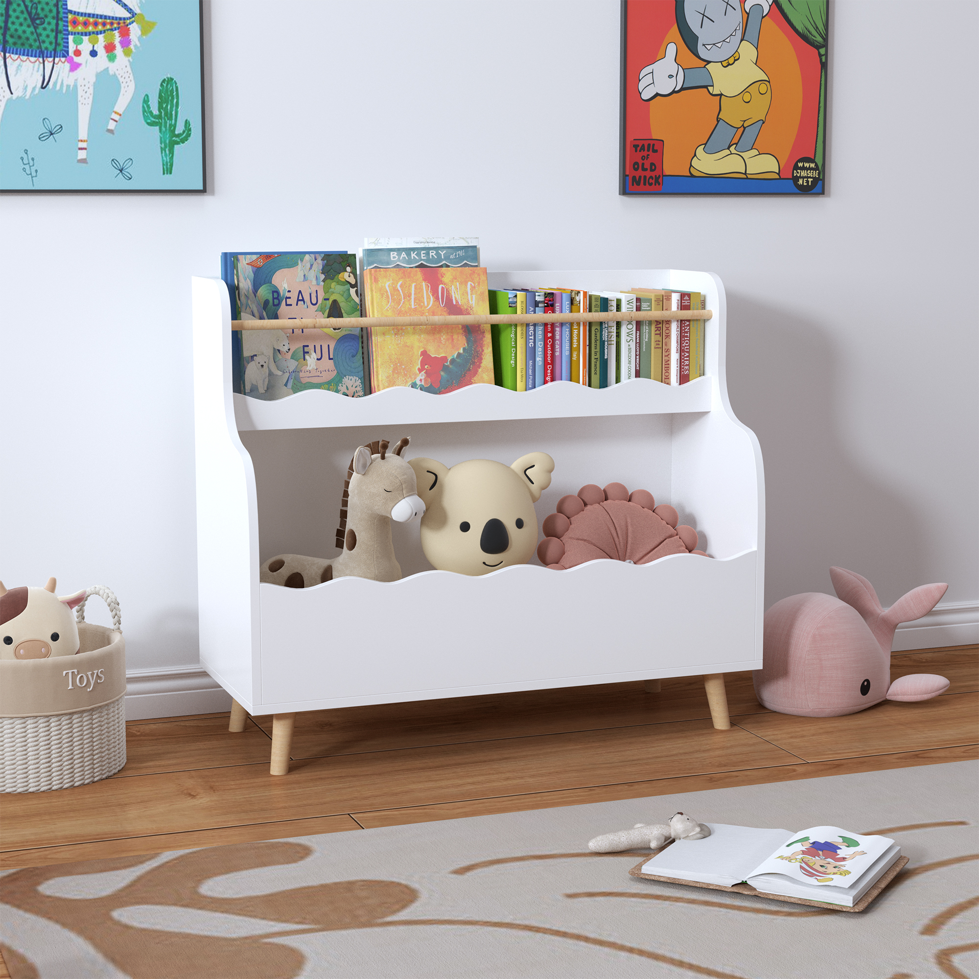 Weißer Kinderbücherregal-Organizer mit Spielzeugfächern