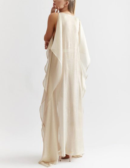 Champagnerfarbenes Satin-Maxikleid mit Asymmetrie-Ausschnitt 3