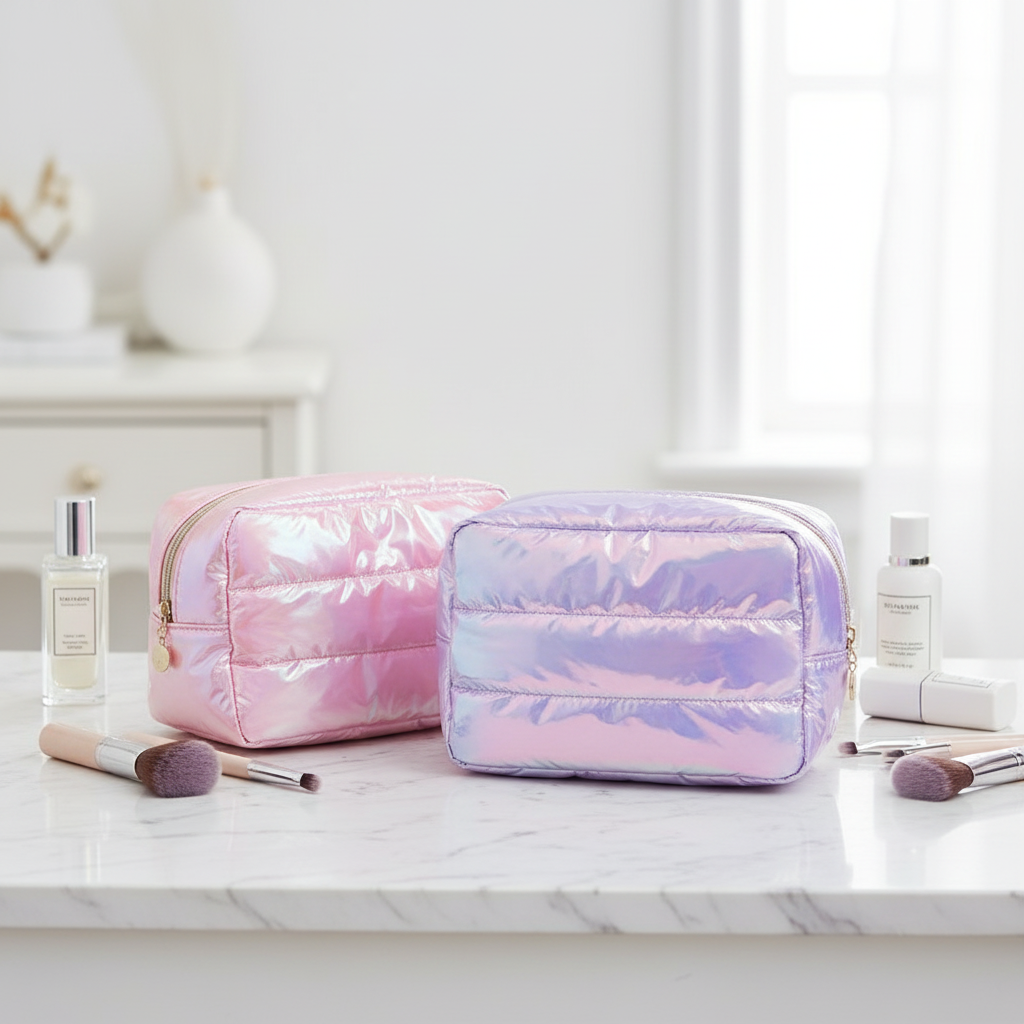 Glänzende Steppkosmetiktasche aus Polyester mit Griff 3