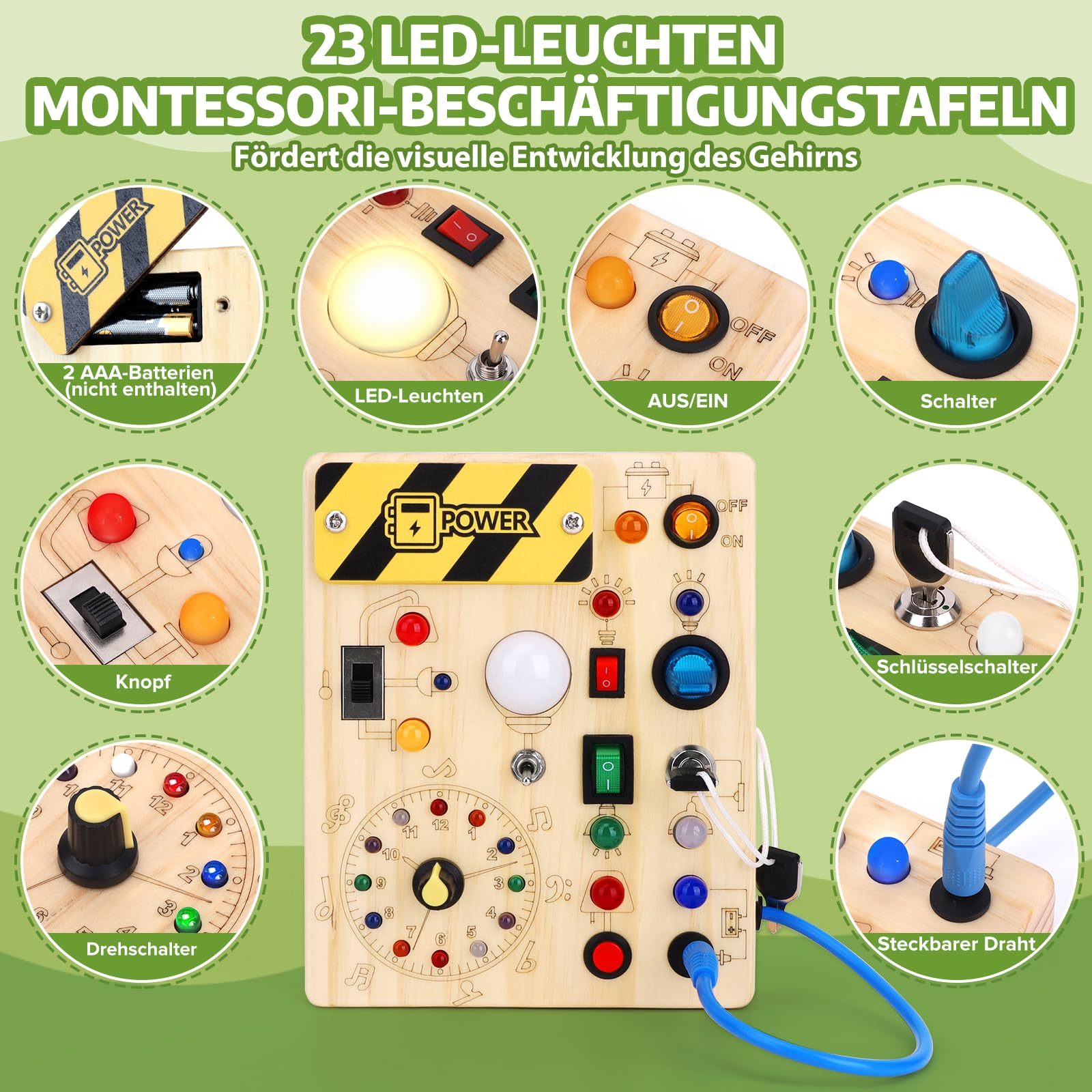 Montessori Holz Busy Board mit LED-Schalter 2