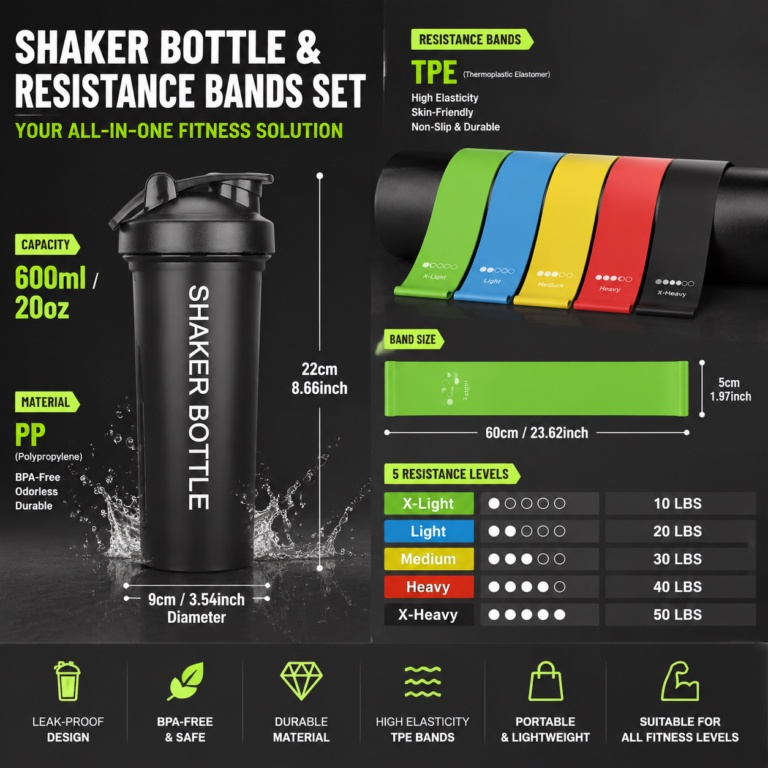 Fitness-Shaker 600 ml mit Widerstandsbändern 3