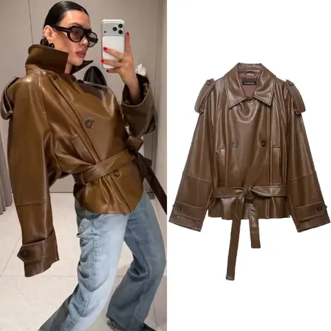 Kunstleder-Jacke mit Gürtel