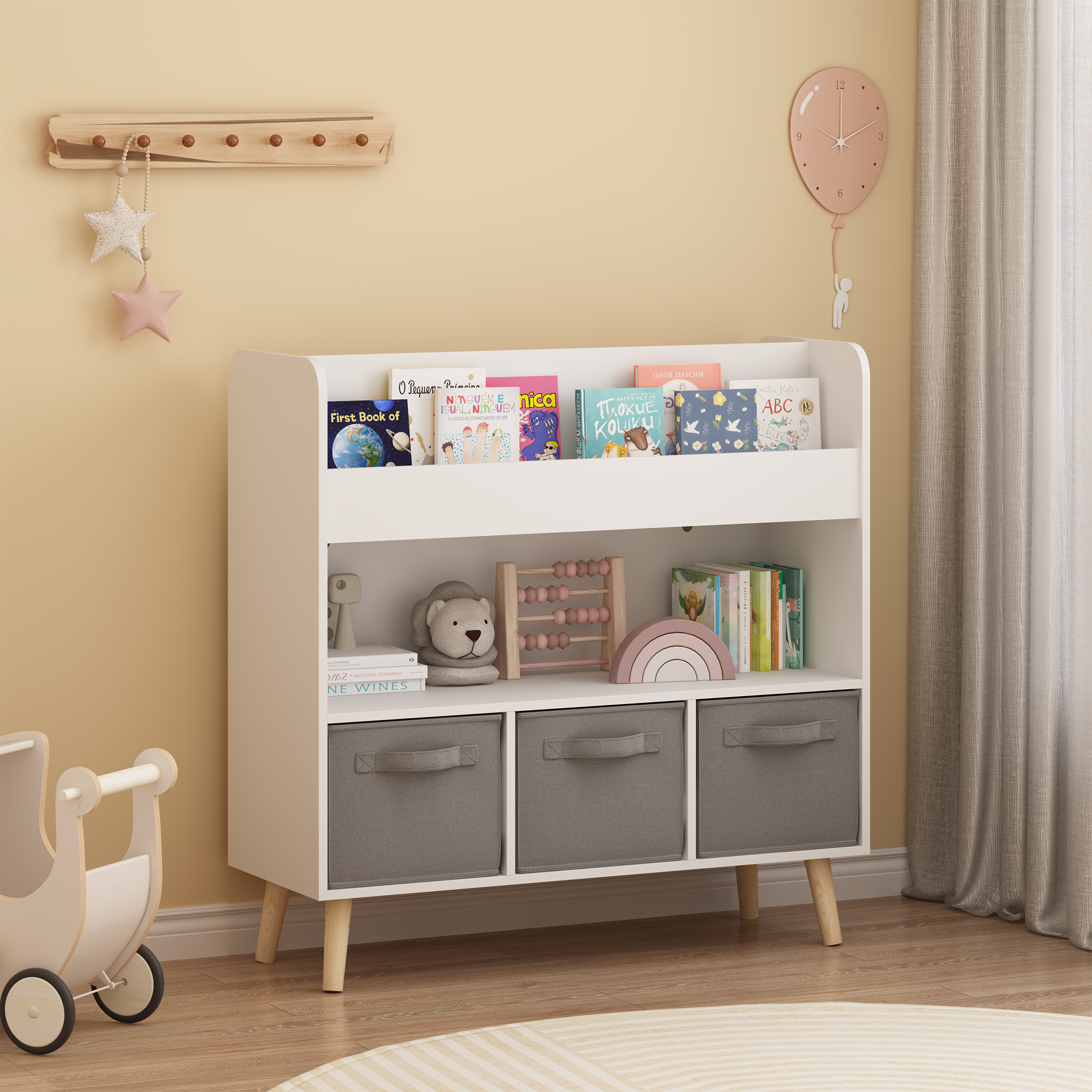 Kinderbücherregal mit Stoffboxen Weiß-Grau