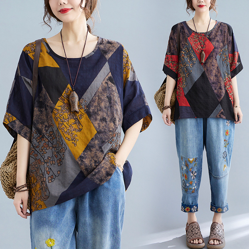 Kurzarm-T-Shirt im ethnischen Stil mit Rundhals 2