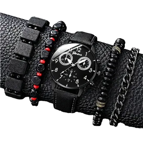Herren Quarzuhr-Set mit Lederarmband und Armband